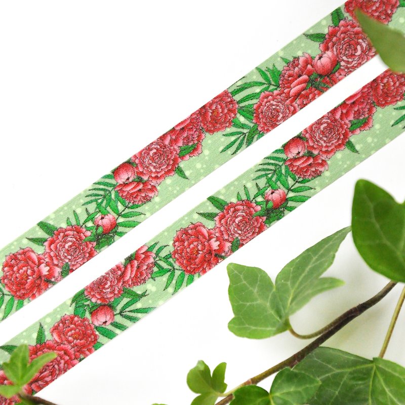 Wave of Peonies washi tape - Hand drawn floral pattern - Pink red summer flowers - มาสกิ้งเทป - กระดาษ สีแดง
