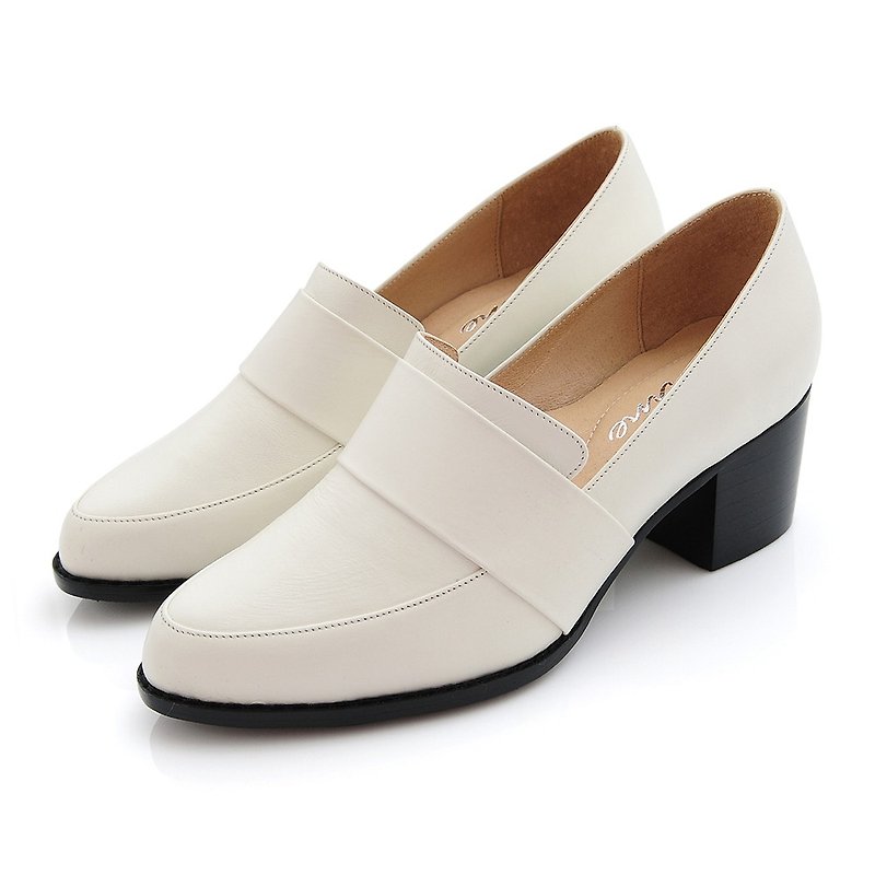 MIT Full Leather Plain Chunky Heel Loafers - Cheese - Women's Oxford Shoes - Genuine Leather 