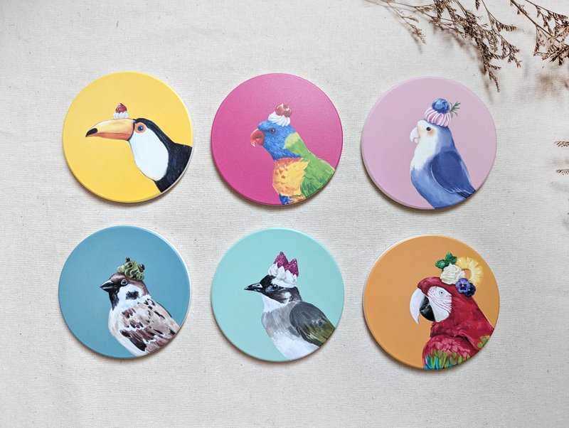奶油鳥鳥陶瓷吸水杯墊6款 - 擺飾/家飾品 - 陶 多色