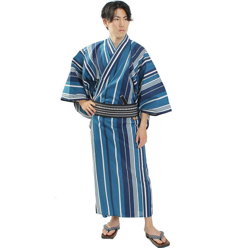 日本 和服 男士 綿 浴衣 腰帶 2 件 套組 M L LL size z28-105a - 其他 - 棉．麻 藍色
