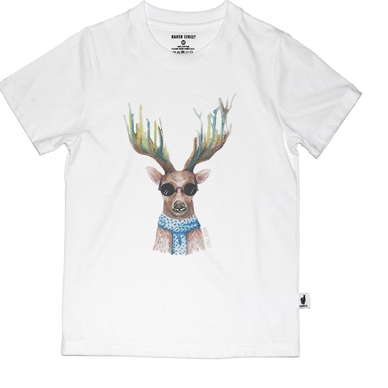 British Fashion Brand -Baker Street- Cool Deer Printed T-shirt for Kids - เสื้อยืด - ผ้าฝ้าย/ผ้าลินิน ขาว