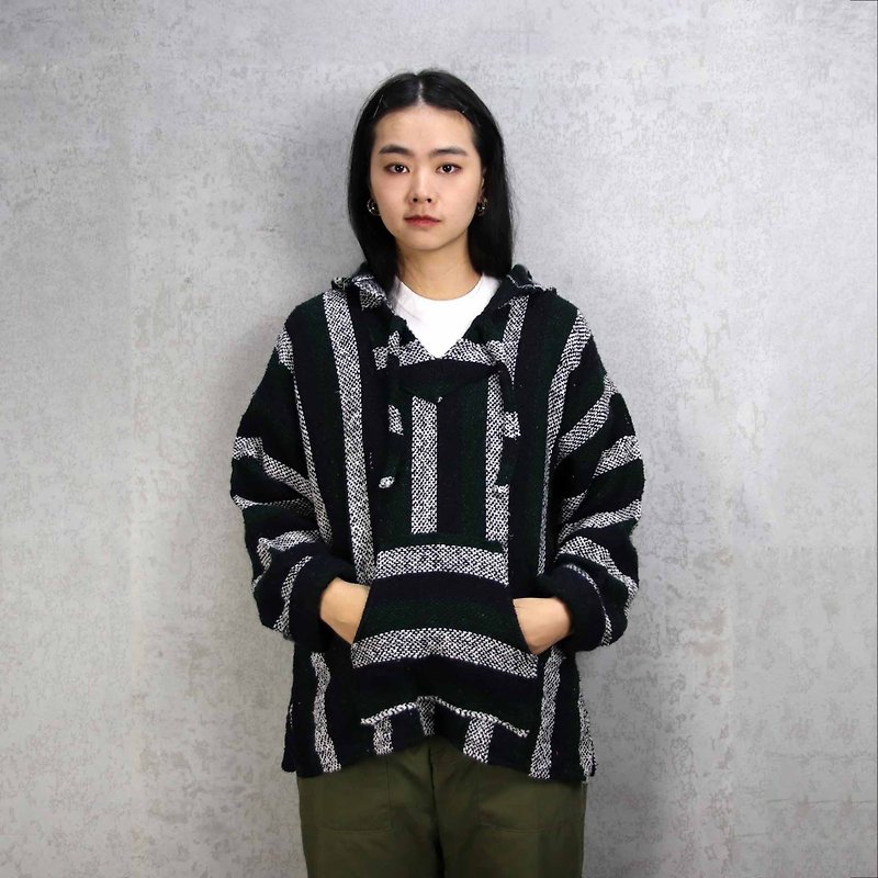 Tsubasa.Y vintage house B11 black and white striped Mexican wool hat Tee, knitted hooded hat tee - Women's Tops - Wool Black