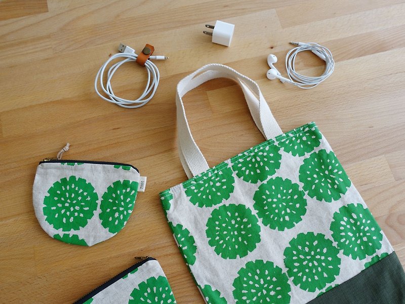 手工絹印 小物包  手提包 植物系列 花 - 手提包/手提袋 - 棉．麻 綠色