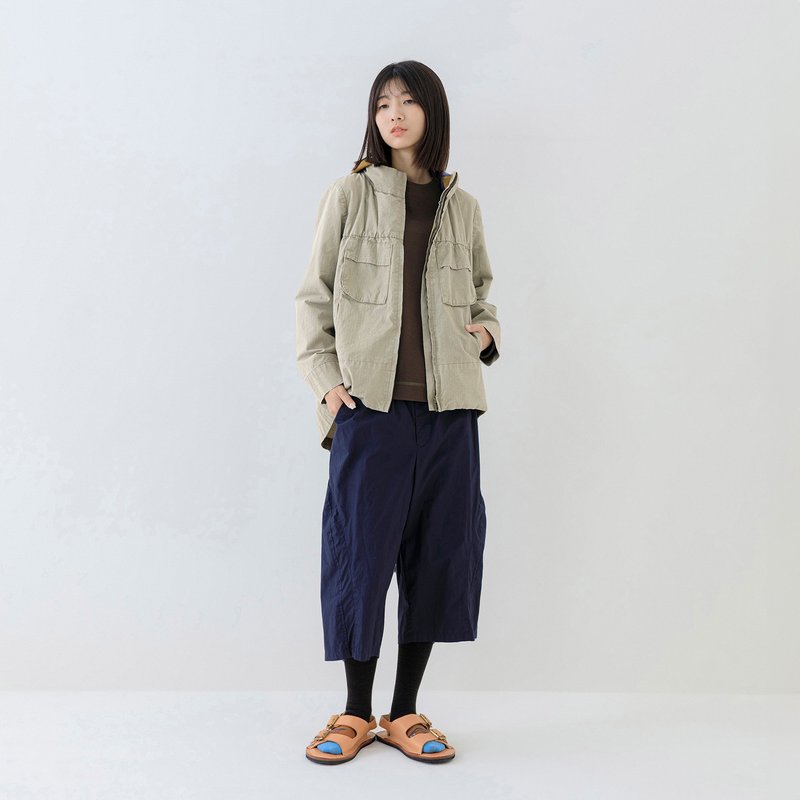 緩彎弧線剪裁七分休閒褲 - 女長褲 - 棉．麻 藍色