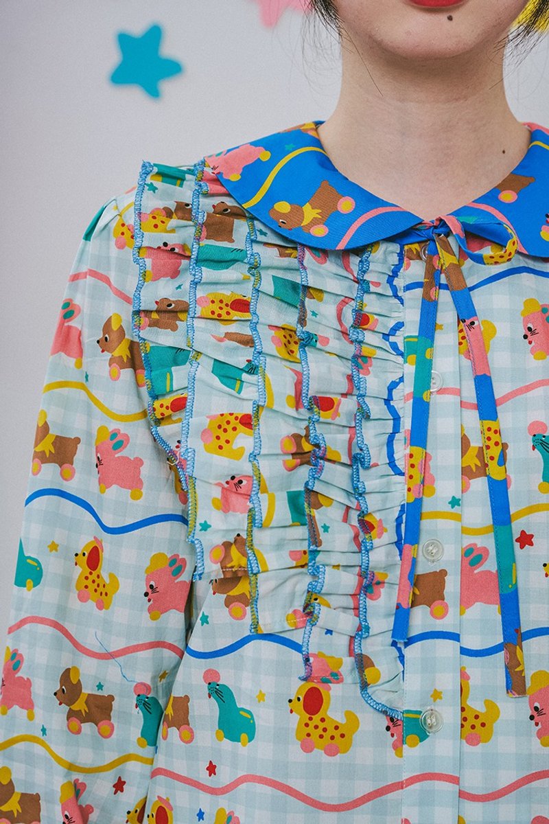玩具小狗 木耳邊長袖襯衫 - 女襯衫 - 棉．麻 多色