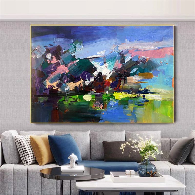 Abstract Lake art acrylic Painting on Canvas Wall Art framed for Living Room - โปสเตอร์ - ลินิน สีน้ำเงิน