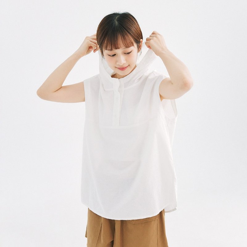 【Simply Yours】 Linen hooded sleeveless top white F - Women's Vests - Cotton & Hemp White