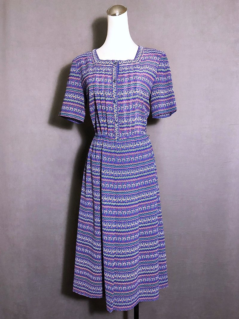 Blue-violet totem short-sleeved vintage dress / brought back to VINTAGE abroad - One Piece Dresses - Polyester Blue