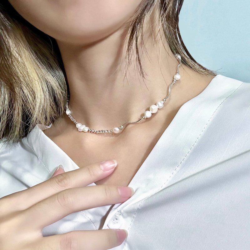 Pearl sterling silver wave necklace S925 sterling Stone natural pearl clavicle chain - สร้อยคอทรง Collar - เงินแท้ สีเงิน