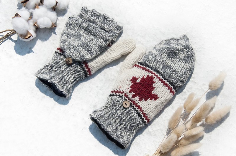 Hand Knitted Pure Wool Knitted Gloves / Removable Gloves / Inner Bristle Gloves / Warm Gloves-Canadian Maple Leaf - ถุงมือ - ขนแกะ หลากหลายสี
