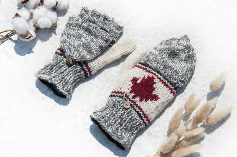 Hand Knitted Pure Wool Knitted Gloves / Removable Gloves / Inner Bristle Gloves / Warm Gloves-Canadian Maple Leaf - Gloves & Mittens - Wool Multicolor