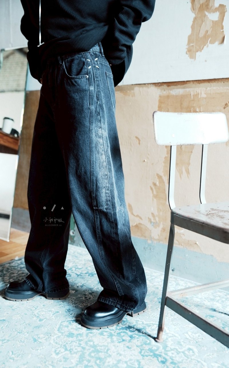 スーン 新しいシルエット フロアレングス ジーンズ ベルト付き - 2色 -ブルー - パンツ レディース - コットン・麻 ブラック