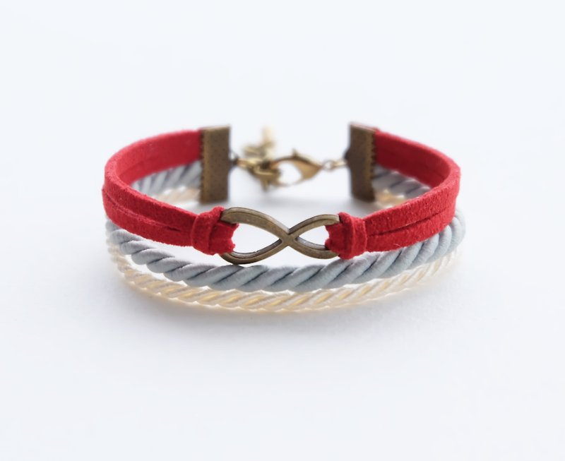Brass infinity in Red suede Matte ash and Cream rope - Bracelets - Other Materials Red