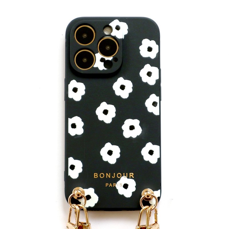 iPhone16/15/14/13/12 Spring Series-Black Small White Flower Pearl Small Fragrance Chain Mobile Phone Case - Phone Cases - Plastic Black