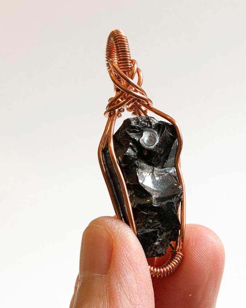 訂製 銀次石墨 繞銅線吊墜 Wire wrapped Elite Shungite - 項鍊 - 水晶 黑色