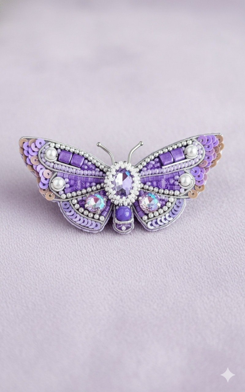 Beaded moth brooch - Brooches - Other Materials Purple