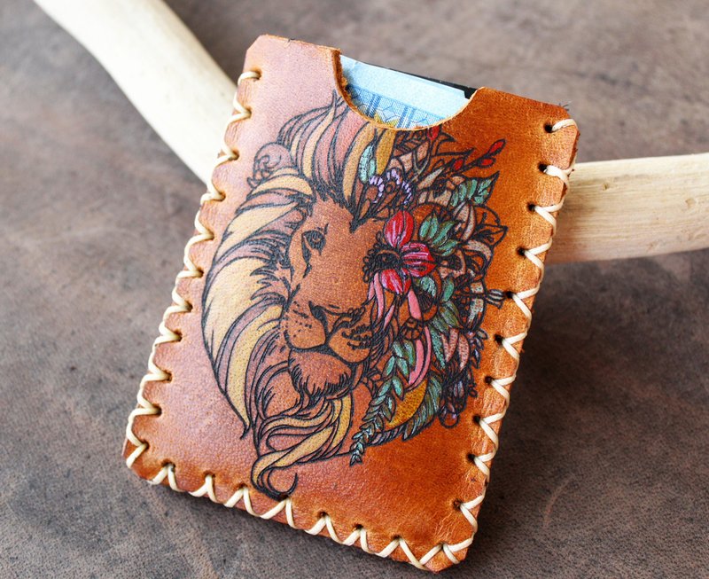 Hand Painted Floral Lion Card Wallet, Zodiac Leather Card Holder - 錢包/皮夾/長短夾 - 真皮 咖啡色