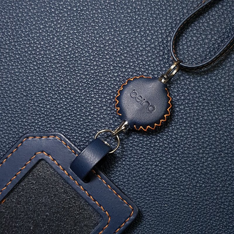 Natural cow leather horizontal and vertical dual-use identification card holder (including neck rope + steel wire telescopic pull ring)_dark blue series
