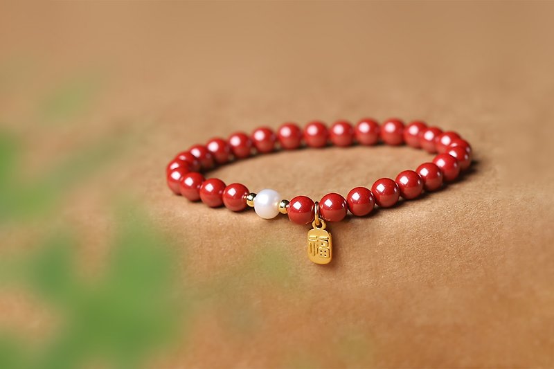 Spring and Autumn Handmade | Cinnabar Pearls and Hetian Jade Transfer Pearls with Golden Blessing Characters | Animal Year Bracelet - สร้อยข้อมือ - เครื่องประดับพลอย สีแดง