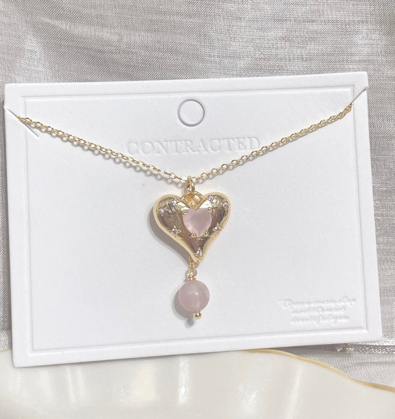 ダイヤモンドと明るい石をセットしたピンク プロテイン ラブ シェイプ/吊り下げピンク クリスタル/14Kゴールドクリスタル ネックレス - ブレスレット - 金属 