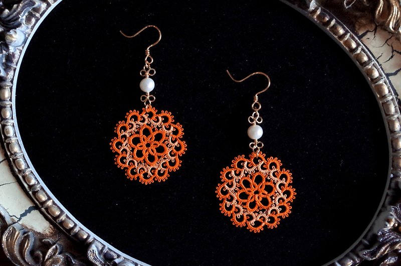 Tatting lace and freshwater pearl earrings and orchards - Earrings & Clip-ons - Cotton & Hemp Orange