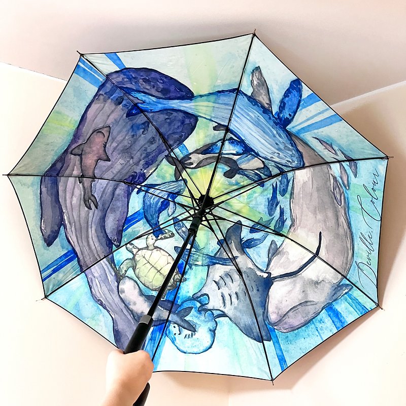 【クジラ降臨Ⅱ】内絵 晴れ傘 雨傘 三つ折り傘 ロング直傘 日傘 梅雨 - 傘・雨具 - 防水素材 ブルー