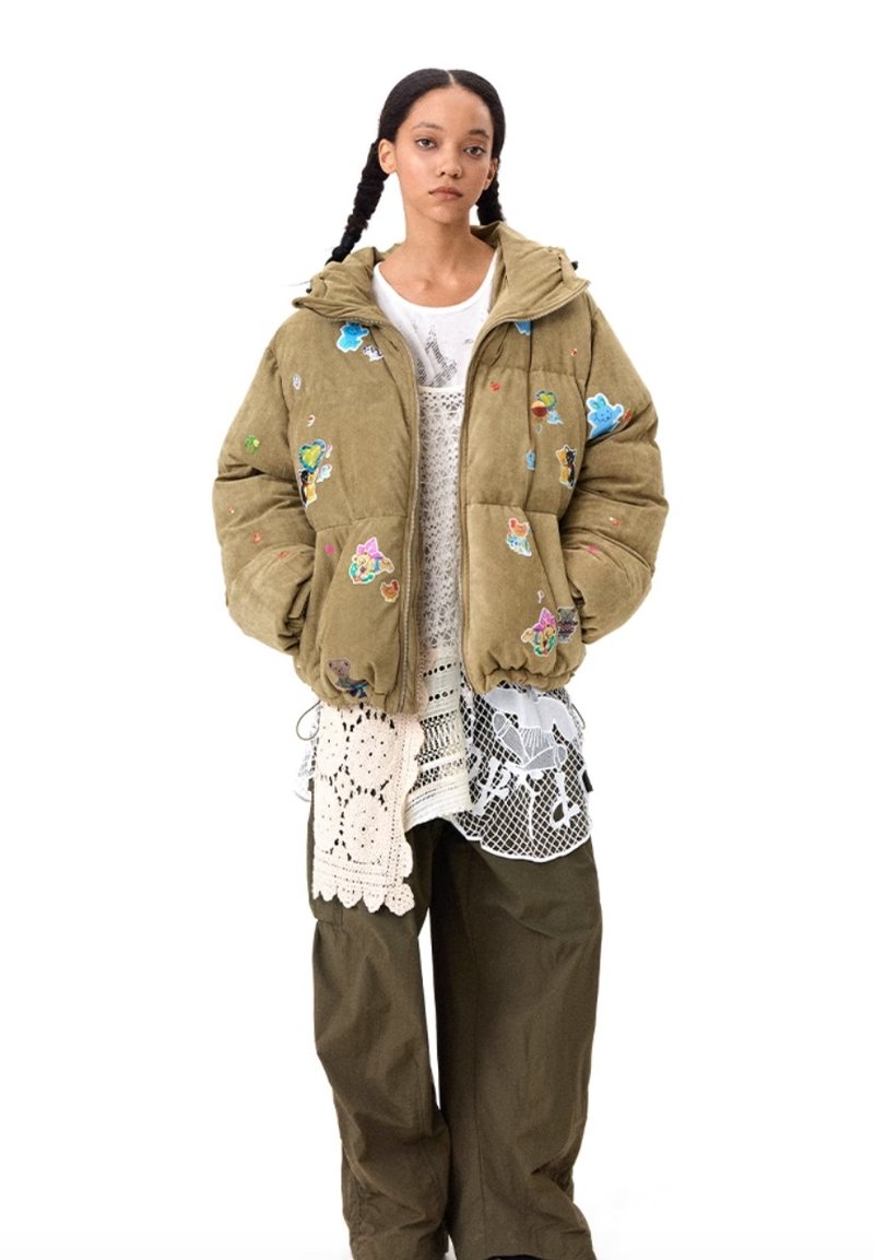美式復古 貼貼樂 麂皮磨毛感棉服上衣 - 女上衣/長袖上衣 - 其他材質 綠色