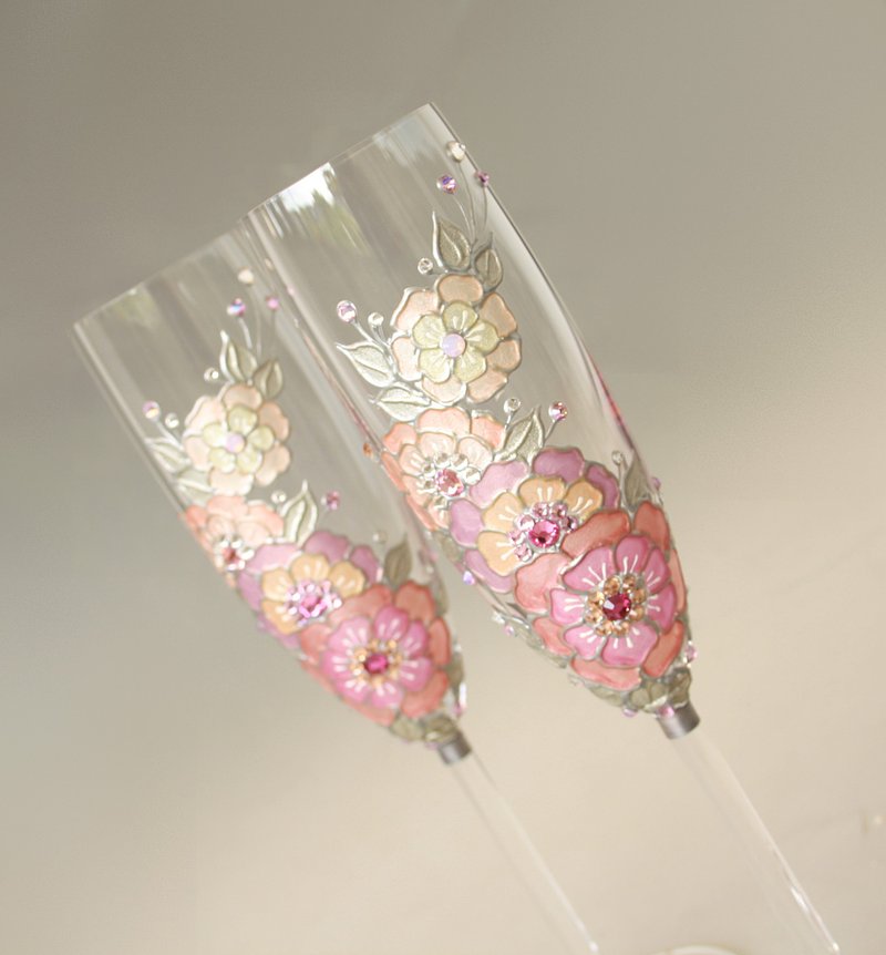 Wedding Glasses Champagne, Pink Peach White Floral Design, Hand-painted,set of 2 - 酒杯/酒器 - 玻璃 粉紅色