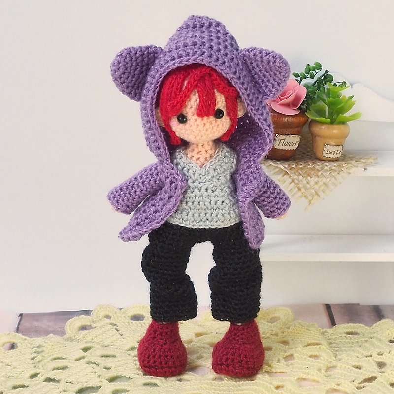 crochet doll/amigurumi/key chain/purple cat jacket【made-to-order】 - ตุ๊กตา - เส้นใยสังเคราะห์ สีม่วง