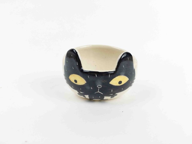 ニースリトルクレイ手描き受け皿_小さな黒い猫の0306から01 - 小皿 - 陶器 ホワイト