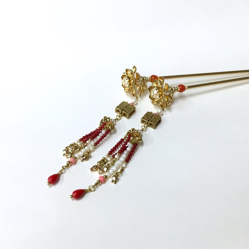 【Lotus 苼. Double 囍 Pro】 antique pearls hairpin. Double 囍 tassel walking hairpin hairpin. Red agate pearl multi-Po hairpin. - Hair Accessories - Gemstone Red