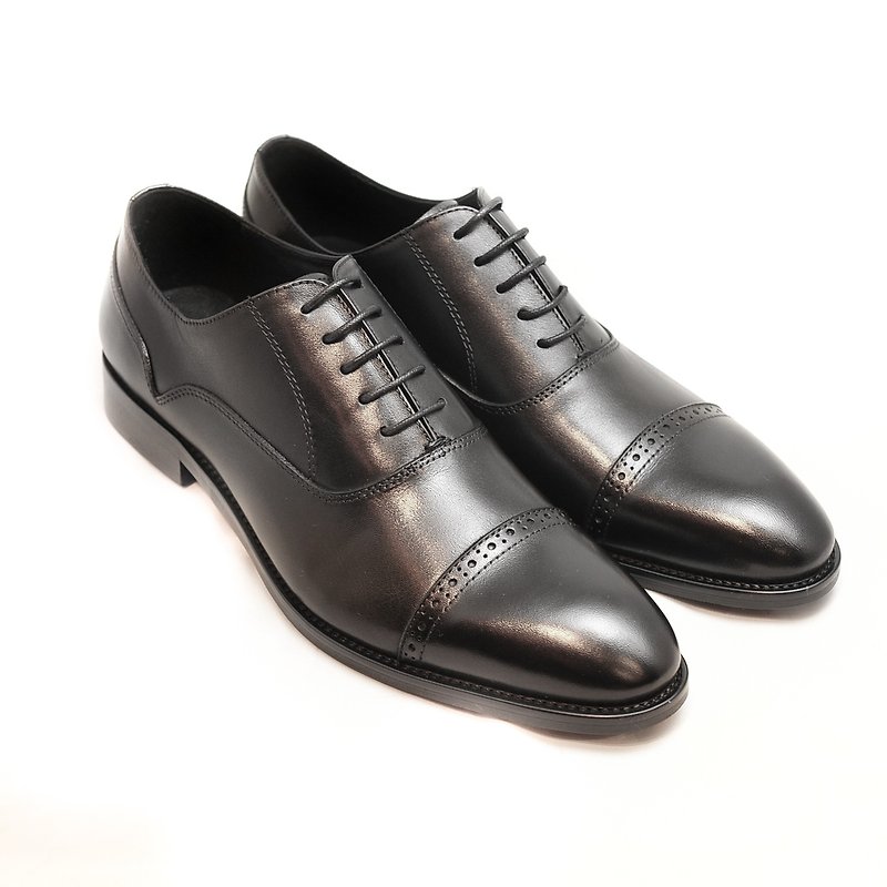 Hand-painted calfskin carved cape wood heel oxford shoes-black-E1A29-99 - รองเท้าอ็อกฟอร์ดผู้ชาย - หนังแท้ สีดำ