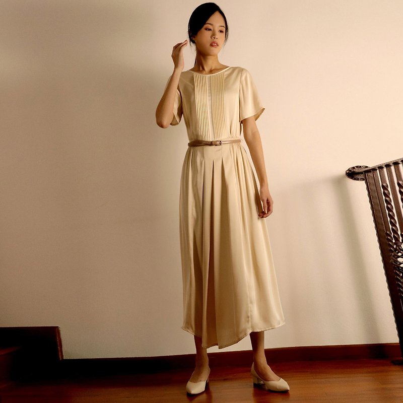 LIGHT YELLOW PLEATED SATIN FLARE DRESS WITH BELT - One Piece Dresses - Other Materials Yellow