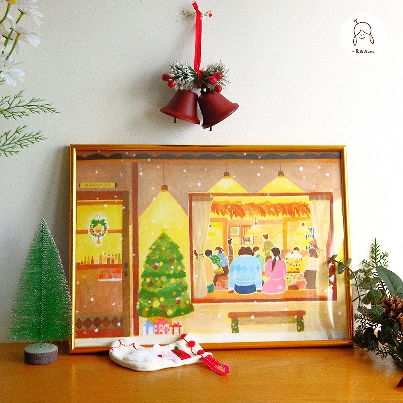 聖誕節gathering聚會裝飾畫 手繪禮物餐廳客廳金色框 - 海報/掛畫/掛布 - 紙 多色