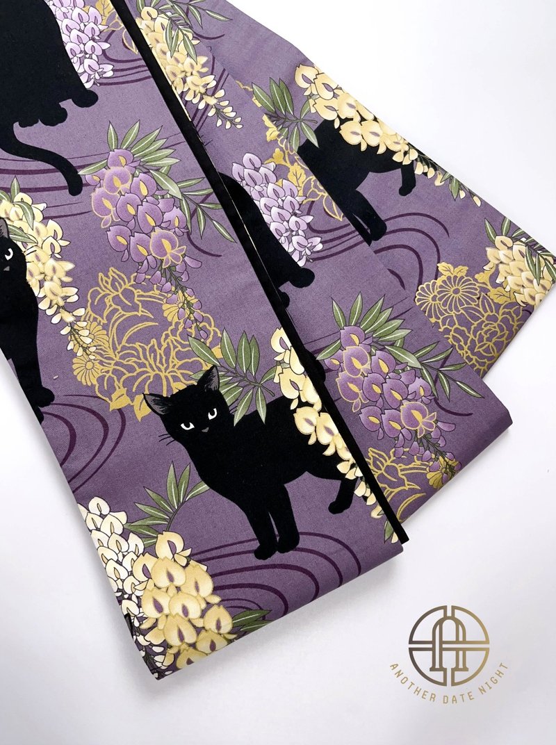 Wisteria Flower & Black Cat Hanhaba Belt, Half-Width Obi for Yukata/Komon Kimono - Belts - Polyester Purple