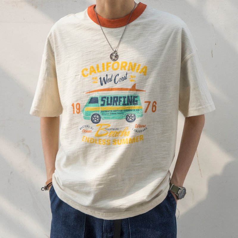 Summer vintage vintage printed bamboo cotton drop shoulder loose design short sleeve Tee shirt - เสื้อยืดผู้ชาย - ผ้าฝ้าย/ผ้าลินิน 