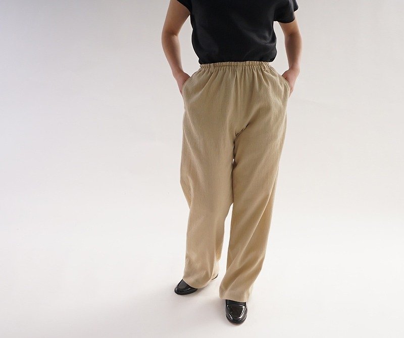 cotton linen blend crepe relaxed pants waist belt loop pocket / ecru bo5-48 - กางเกงขายาว - กระดาษ ขาว
