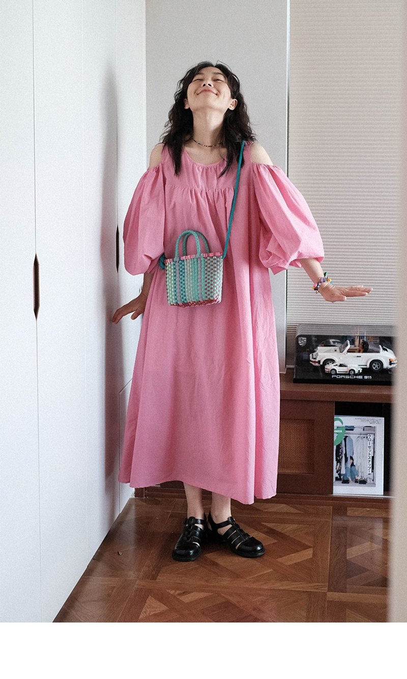 法式泡泡袖 露肩長裙連衣裙/洋裝 - 洋裝/連身裙 - 棉．麻 