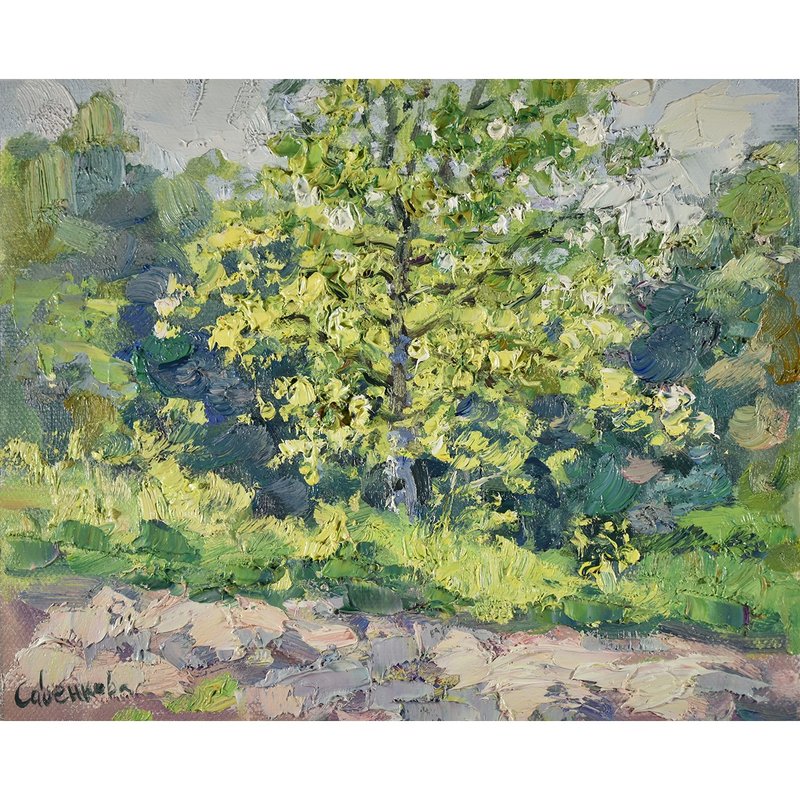 Birch Painting Nature Landscape Summer Sunny Day Impressionism Art Canvas Oil - วาดภาพ/ศิลปะการเขียน - วัสดุอื่นๆ 