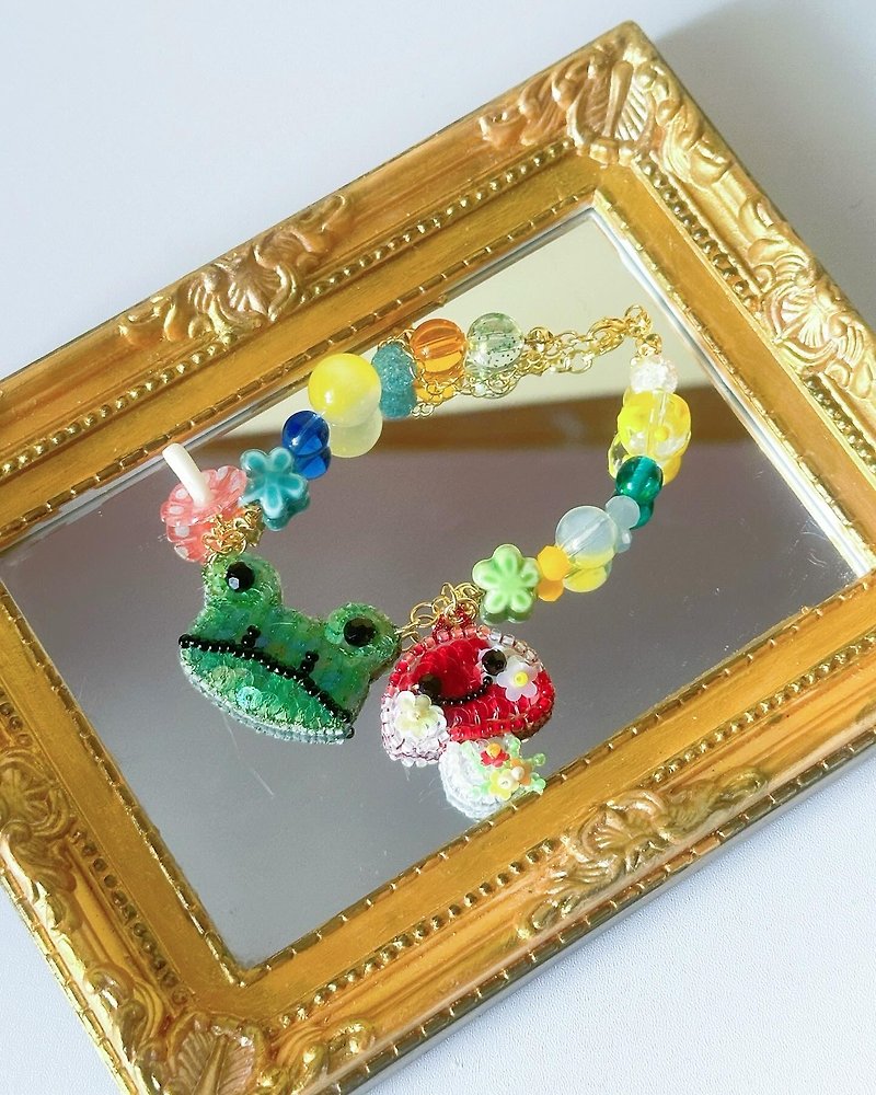 Frog and Mushroom French Embroidery Bracelet - Bracelets - Thread Green