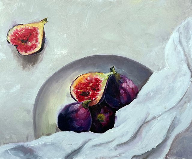 油彩画/イチジク 皿の上にイチジクが描かれたオリジナルの油絵 - ショップ