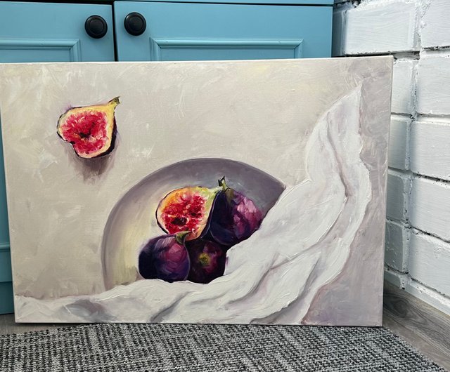 皿の上にイチジクが描かれたオリジナルの油絵 - ショップ
