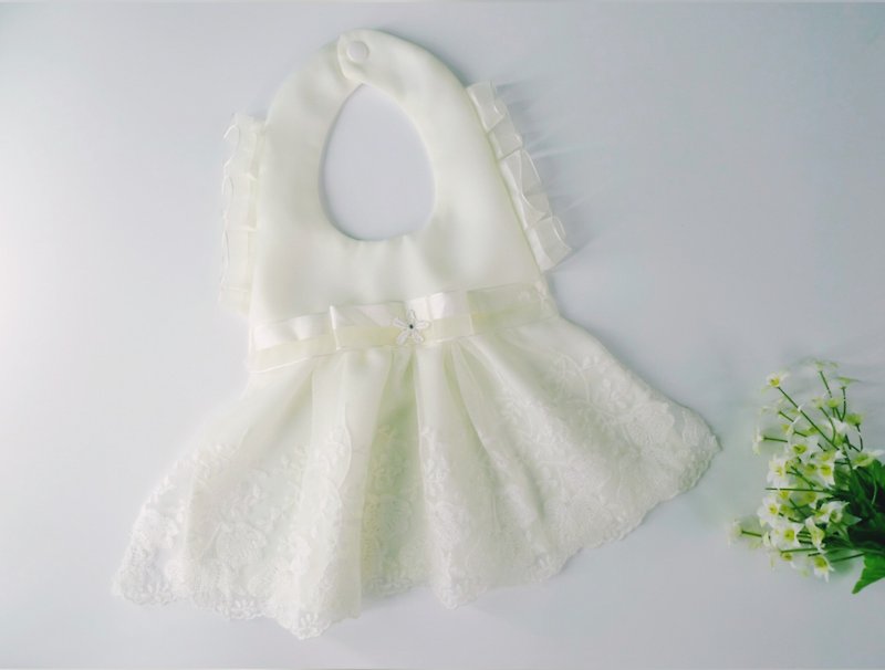White gauze dress - bib saliva towel, hair band / full moon ceremony / birthday gift / birthday ceremony - limited edition cloth - Bibs - Cotton & Hemp White