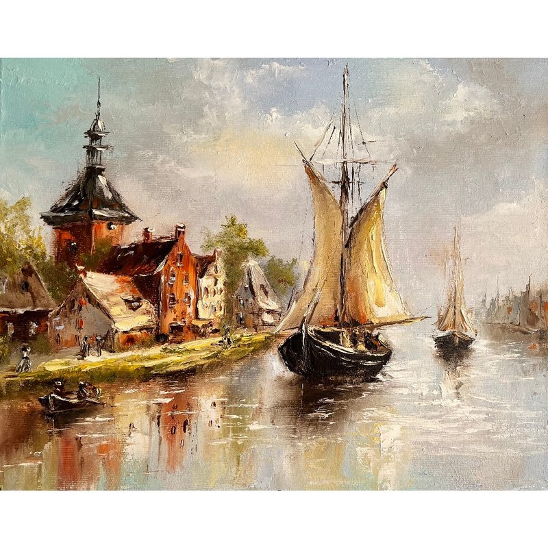 Old Dutch Landscape Painting Landscape Art Original Artwork 40x50 cm/ 16x20 inch - 海報/掛畫/掛布 - 棉．麻 多色