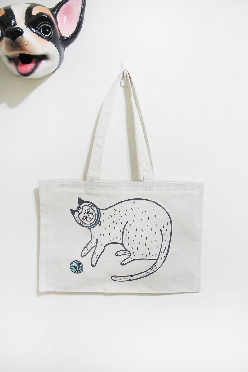 panda雜貨舖-毛線貓咪帆布包 環保購物袋 - 側背包/斜背包 - 其他材質 