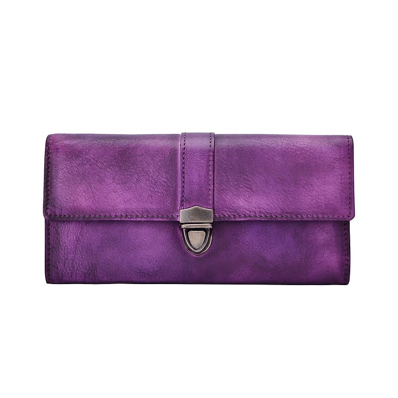 女士牛皮長夾 真皮擦色手工錢包 手拿包 卡片收納包 橙红色 紫色 - 手拿包 - 真皮 紫色