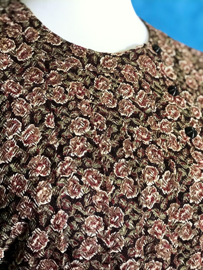 Ping-pong vintage [Vintage dress / special material weaved flower sleeveless vintage dress] bring back VINTAGE - ชุดเดรส - เส้นใยสังเคราะห์ สีนำ้ตาล