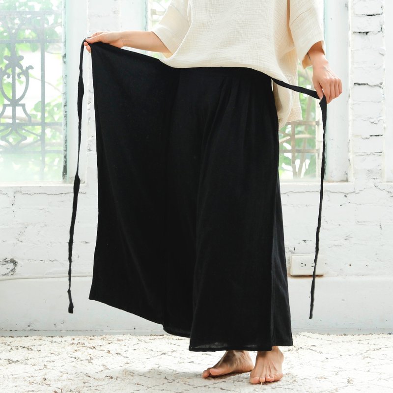 OMAKE front panel side strap trousers/diamond black - กางเกงขายาว - ผ้าฝ้าย/ผ้าลินิน สีดำ