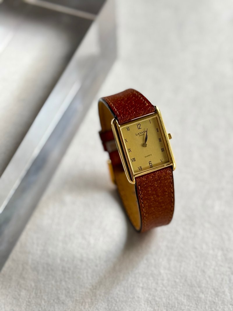 古董手錶 Lanvin 浪梵 法國製 長方形石英手鍊 皮革錶帶 男女適用 - 女錶 - 其他金屬 金色