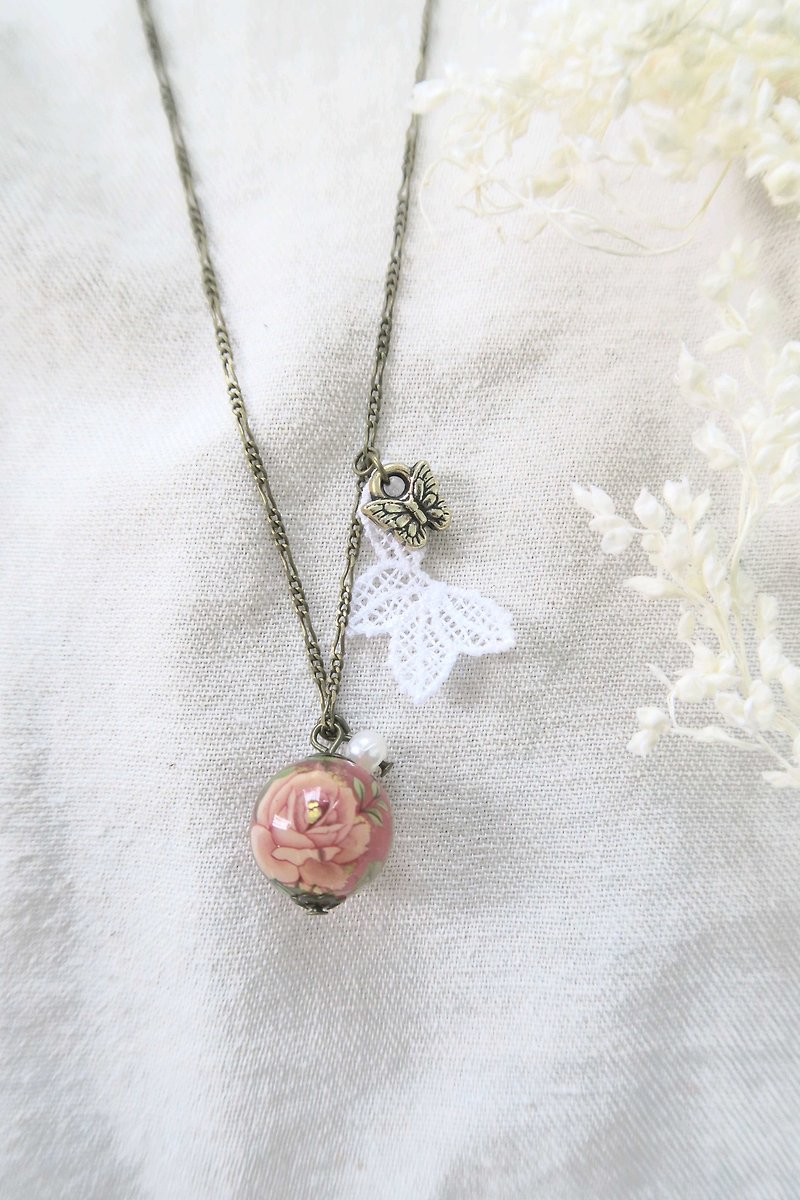 Japan's imports rose bead lace necklace hand made necklace simple retro nostalgia personalized gift neutral - Necklaces - Other Metals Pink